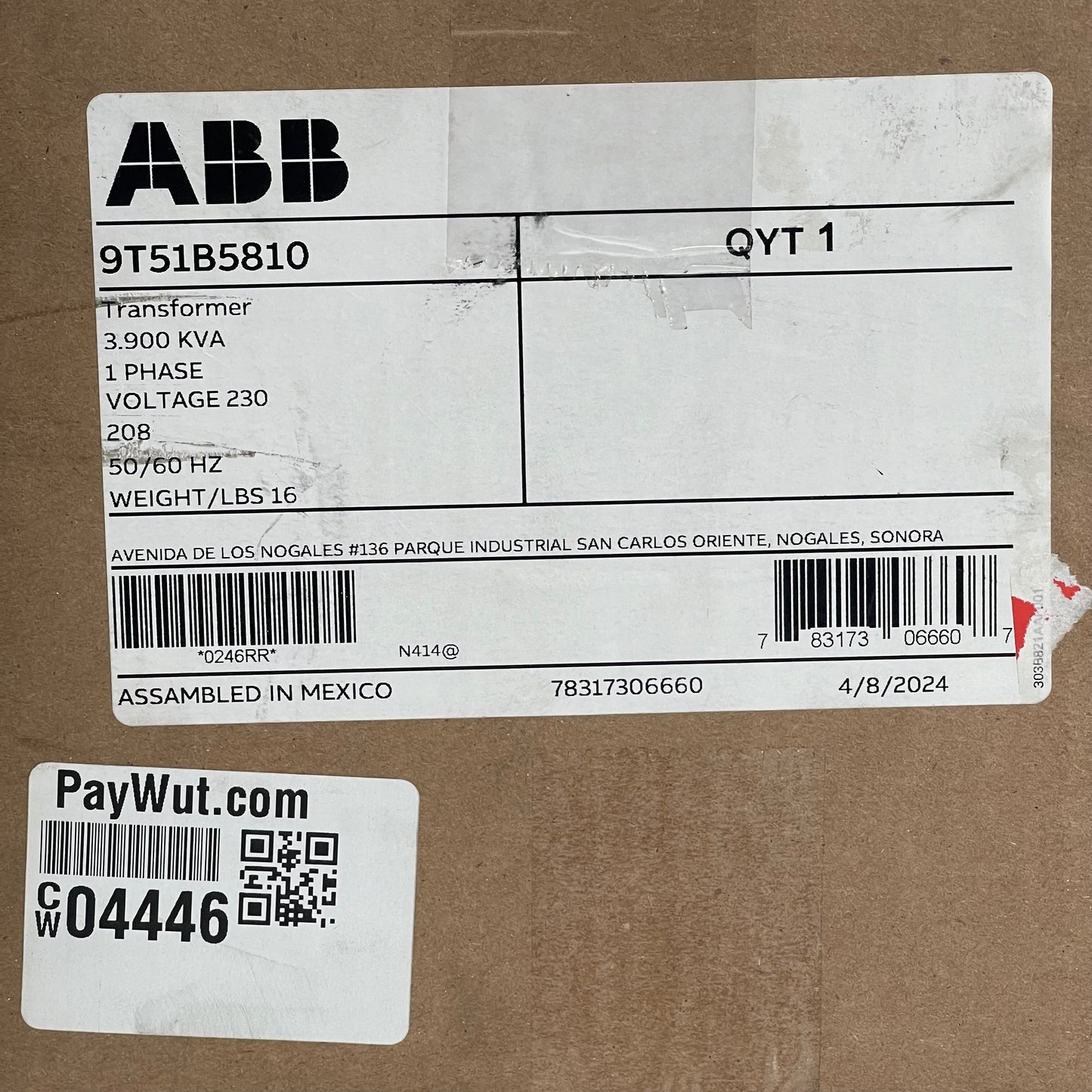 ABB Type QB Autotransformer, Single Phase, Low Voltage, Dry Type 3.9 kVA, 50 Hz 9T51B5810