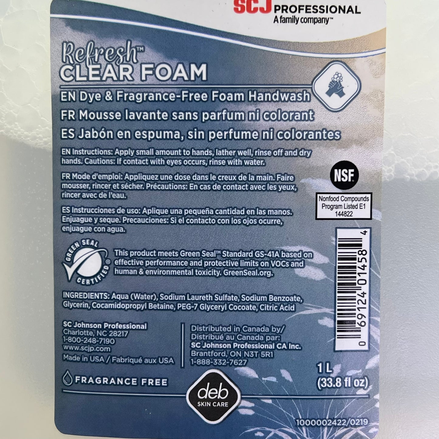 SCJ Perfume & Dye Free Refresh Clear Foam Soap Refills 1L Clear 1000002422/0219