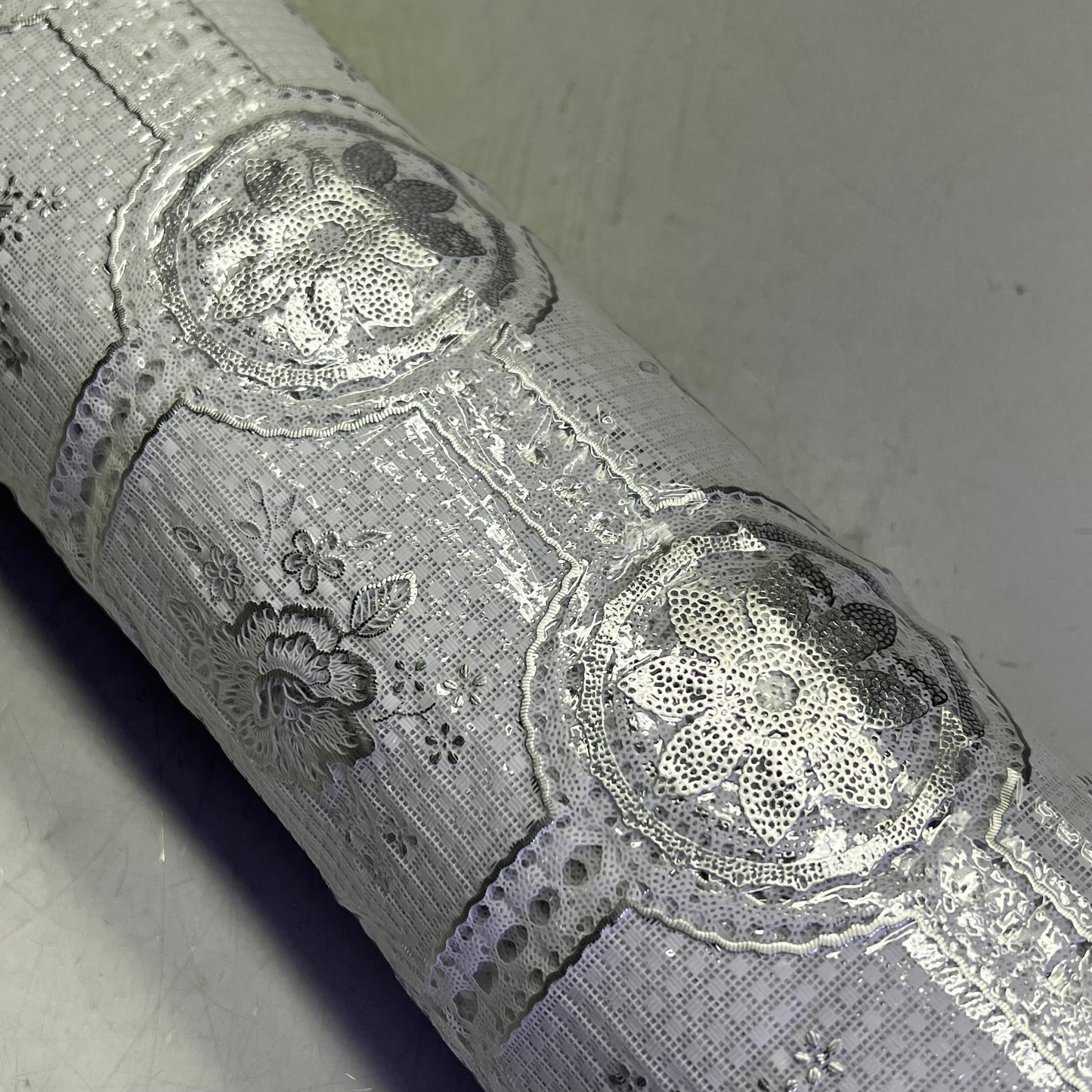 PVC Glossy Lace Dining Tablecloth Roll 54"x60' Silver/White CL-0615B