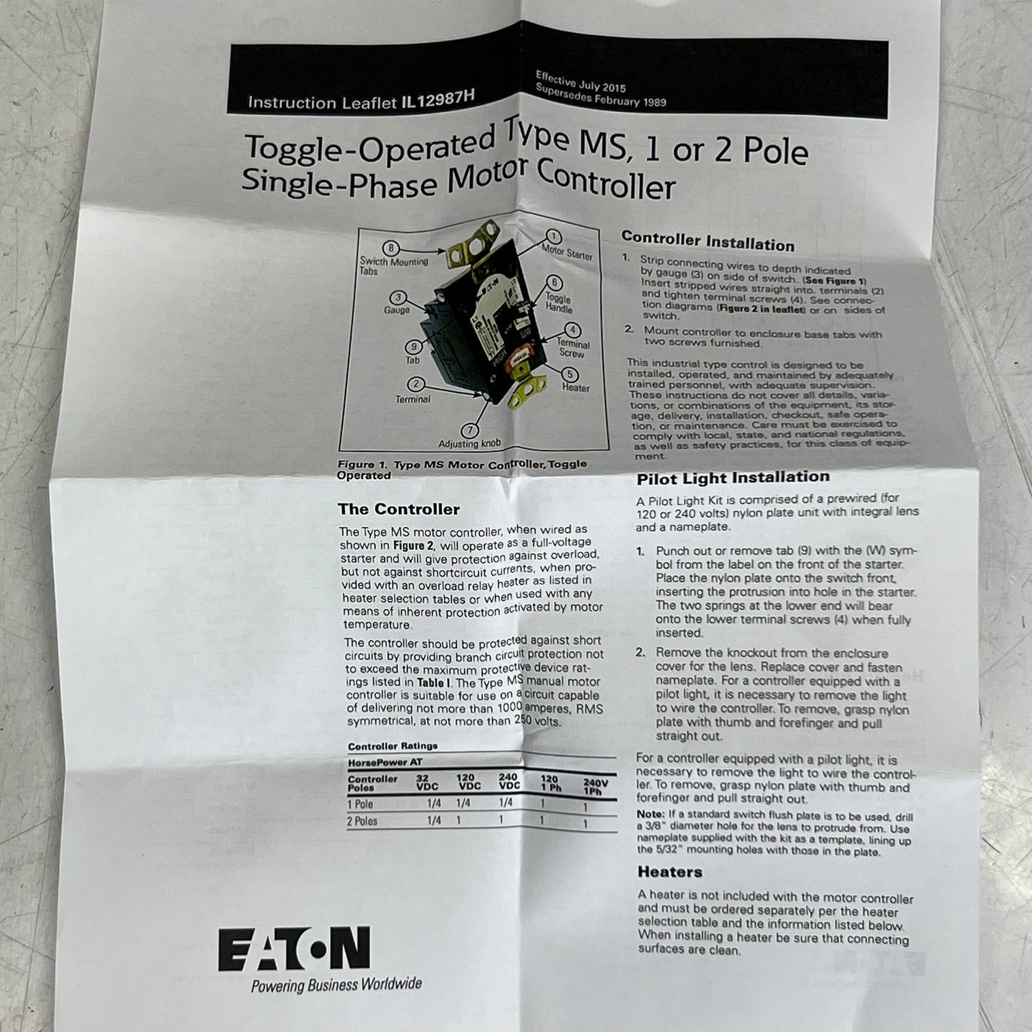 EATON 1 Pole Single-Phase Motor Controller Sz 4"L x 2.5"W, MST01SN