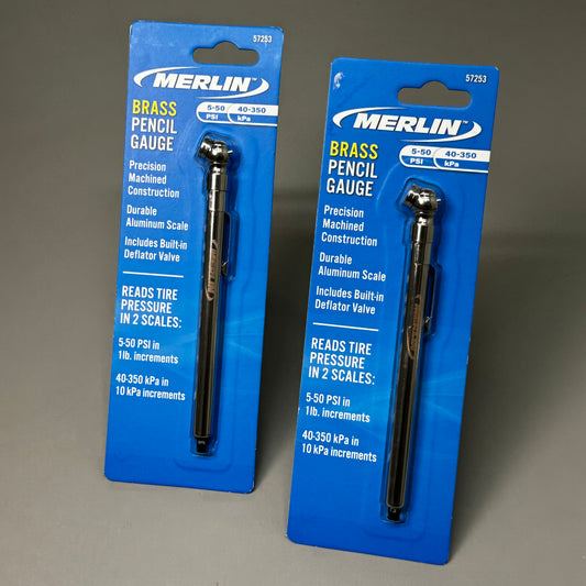 MERLIN (2 PK) Brass Tire Pressure Pencil Gauge 5-50 PSI 6" x 1/2" 57253