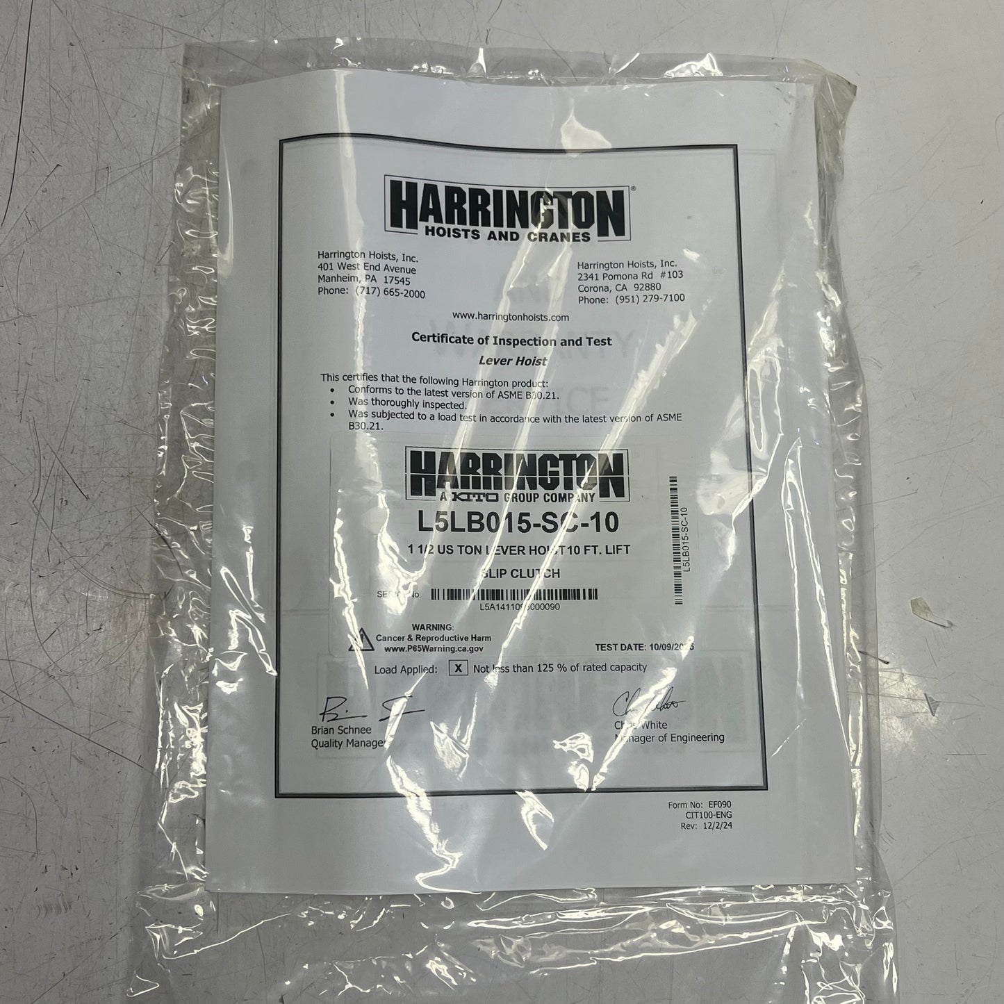 HARRINGTON 1 1/2 ton Nickel Plated Chain Die-Cast Lever Hoist L5LB015-SC-10