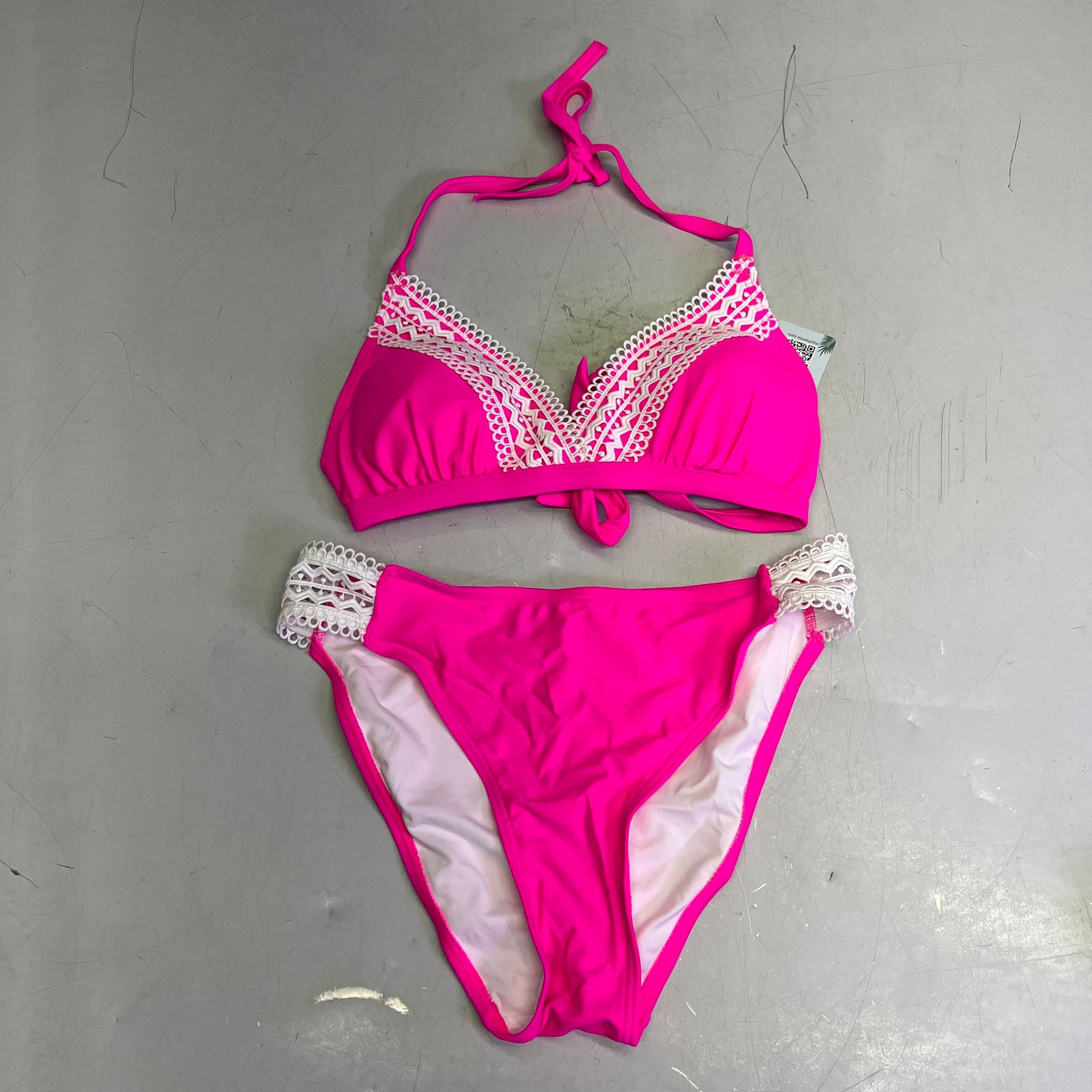 CHARMO Crochet Triangle High Waisted Bottom Bikini Set Women's Sz M Hot Pink