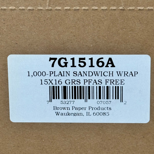 BROWN PAPER GOODS (1,000 PACK) Plain Sandwich Storage Wrap 15"x16" White 7G1516A