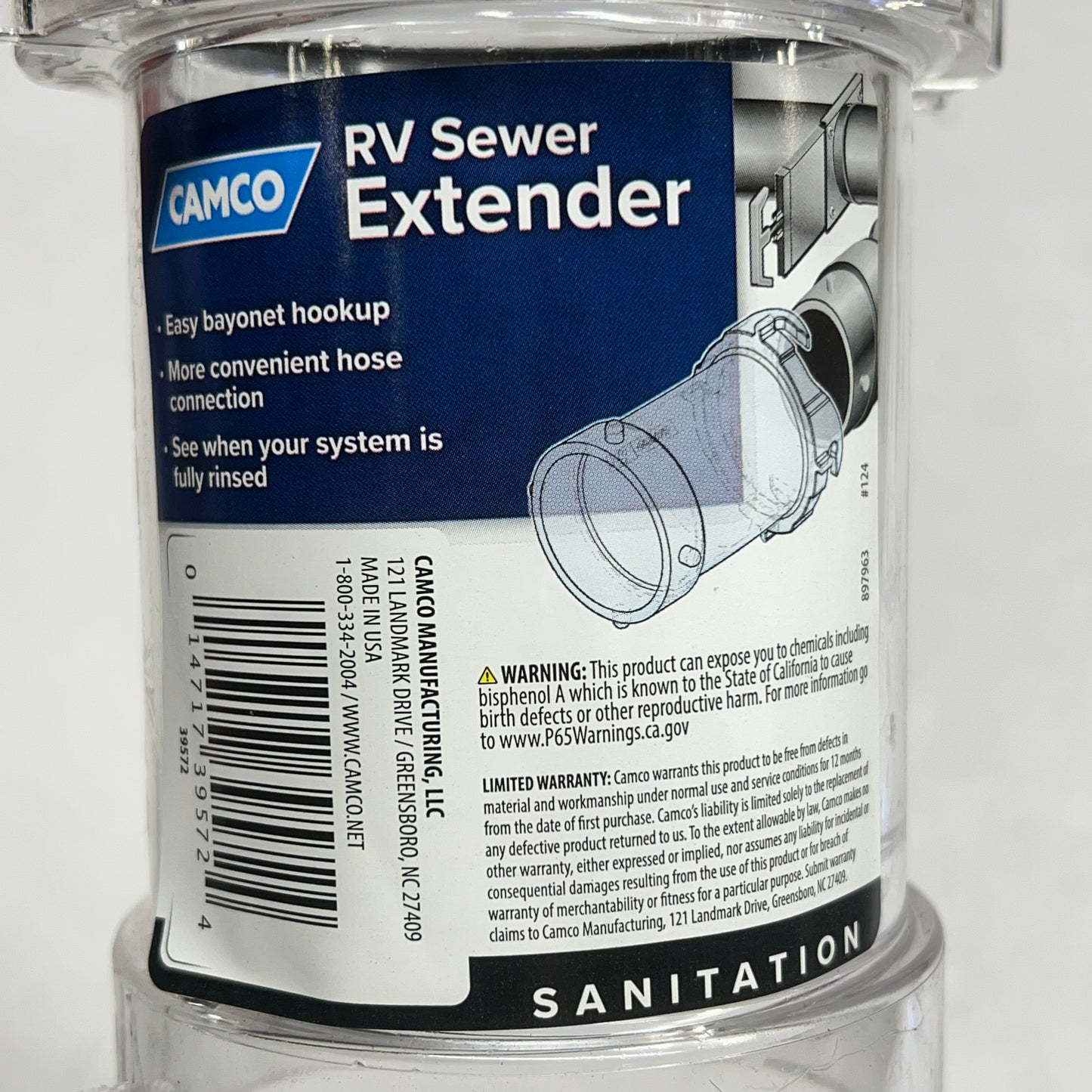 CAMCO Durable Polycarbonate Rv Sewer Hose Extender   5" Transparent 39572