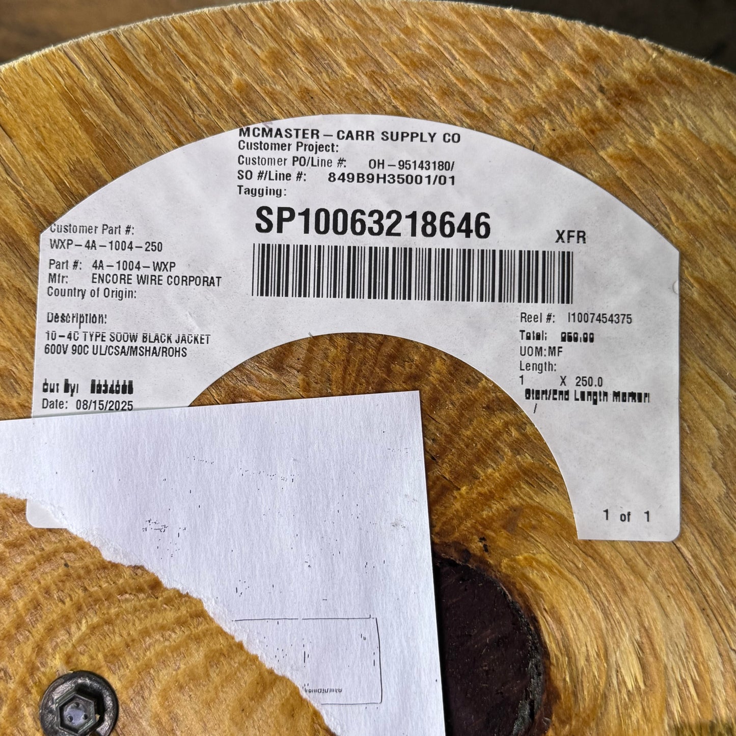 MCMASTER 10-4C TYPE S00W Black Jacket 600V 90C Sz 1" x 250 ft 4A-1004-WXP