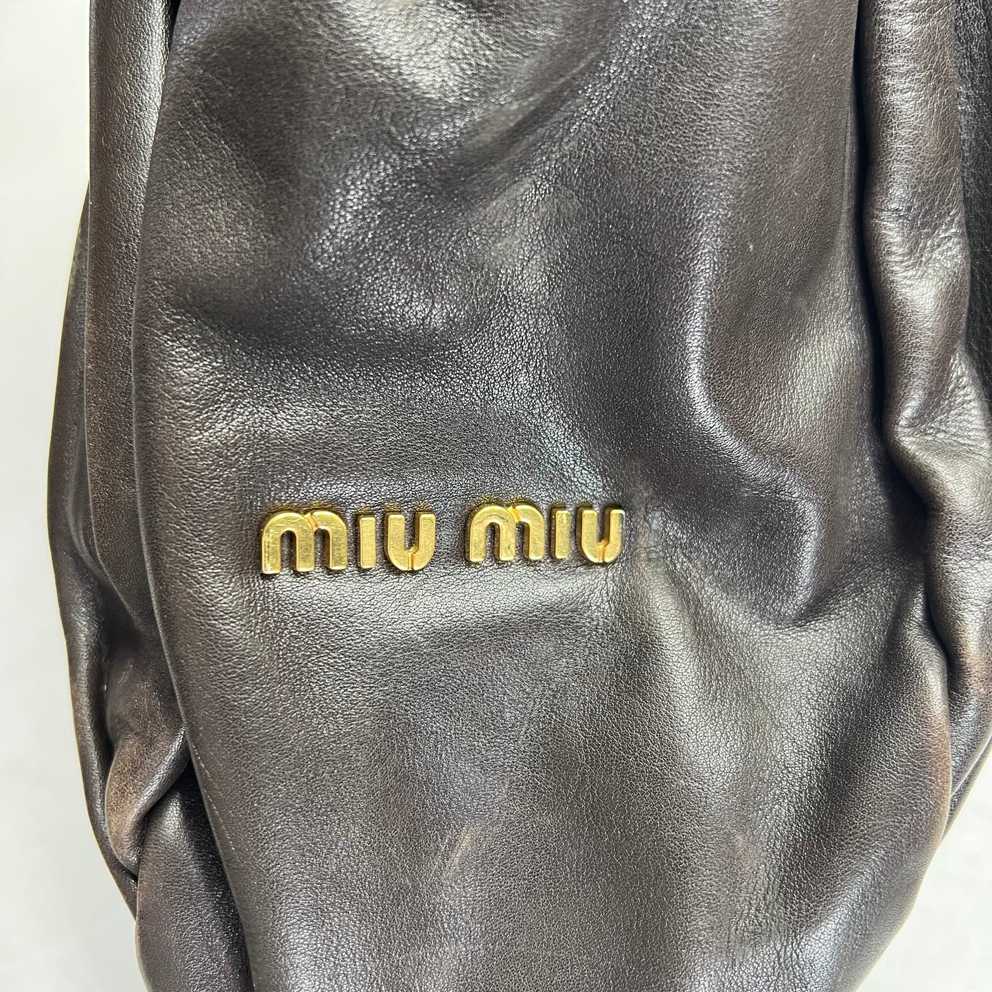 MIU MIU Bosco Leather Pilsse Tote Gold Studded Handle 14"x14" Brown (Pre-Owned)