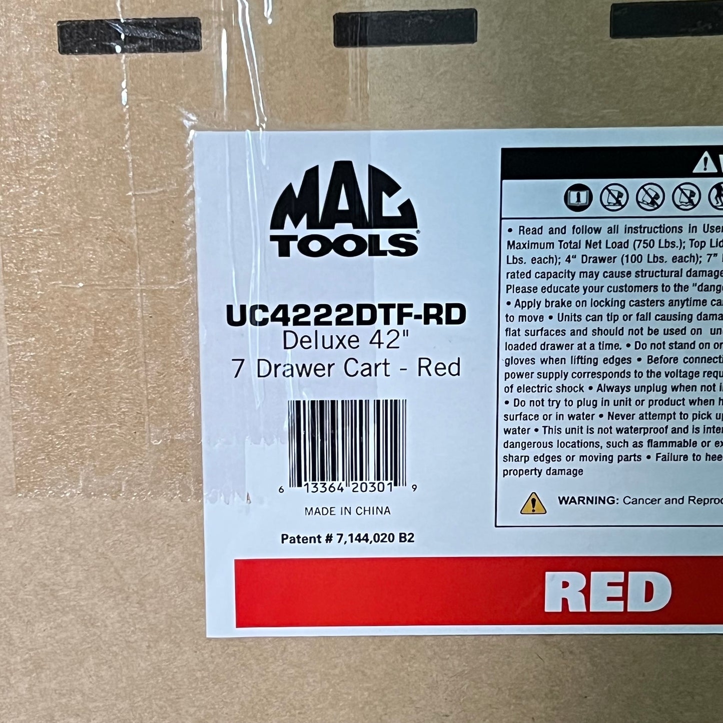 MAC TOOLS 7 Drawer Utility Cart  43" H x 41 W x 22 D Firebrick Red UC4222DTF-RD