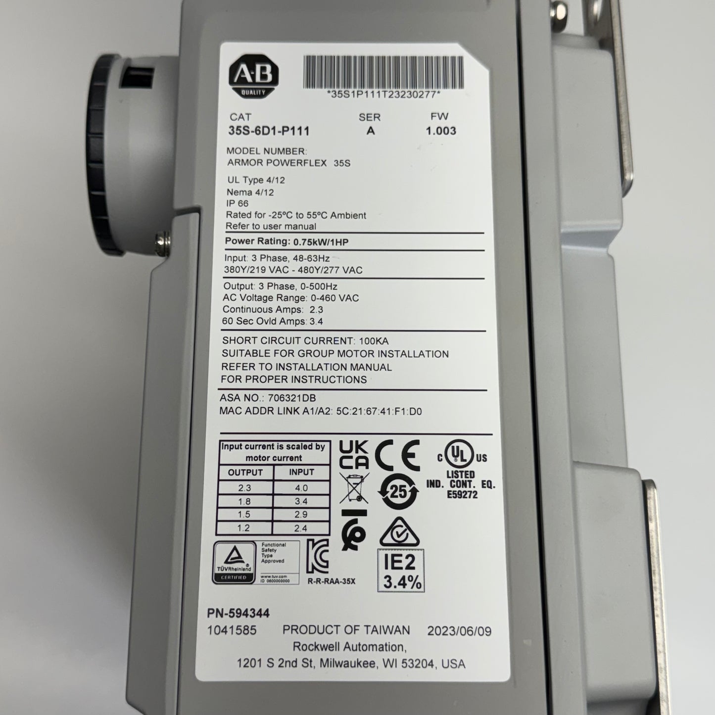 ALLEN BRADLEY Armor PowerFlex VFD 1HP/0.75kW 3-Phase 480V 35S-6D1-P111