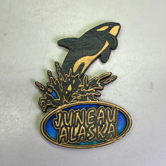 Z@ (2 PACK) Killer Whale Jump Laser Cut Wood Magnet Souvenir JUNEAU, AK Made In USA