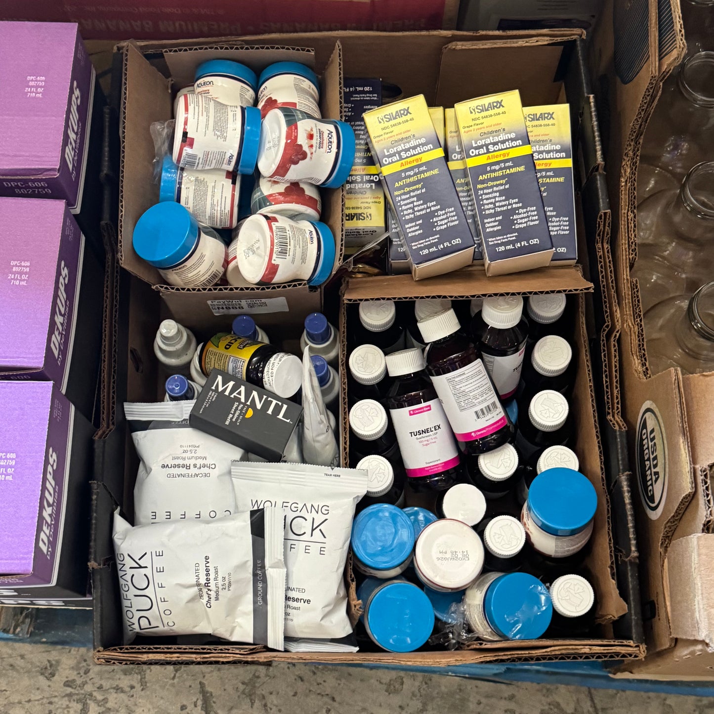 ZA@ Pallet of MIXED Engine Oil, Biological Booster, Daily Nutrition for all Shrimp, Flange Sizing Kit, Coffee, Etc... (AS-IS)