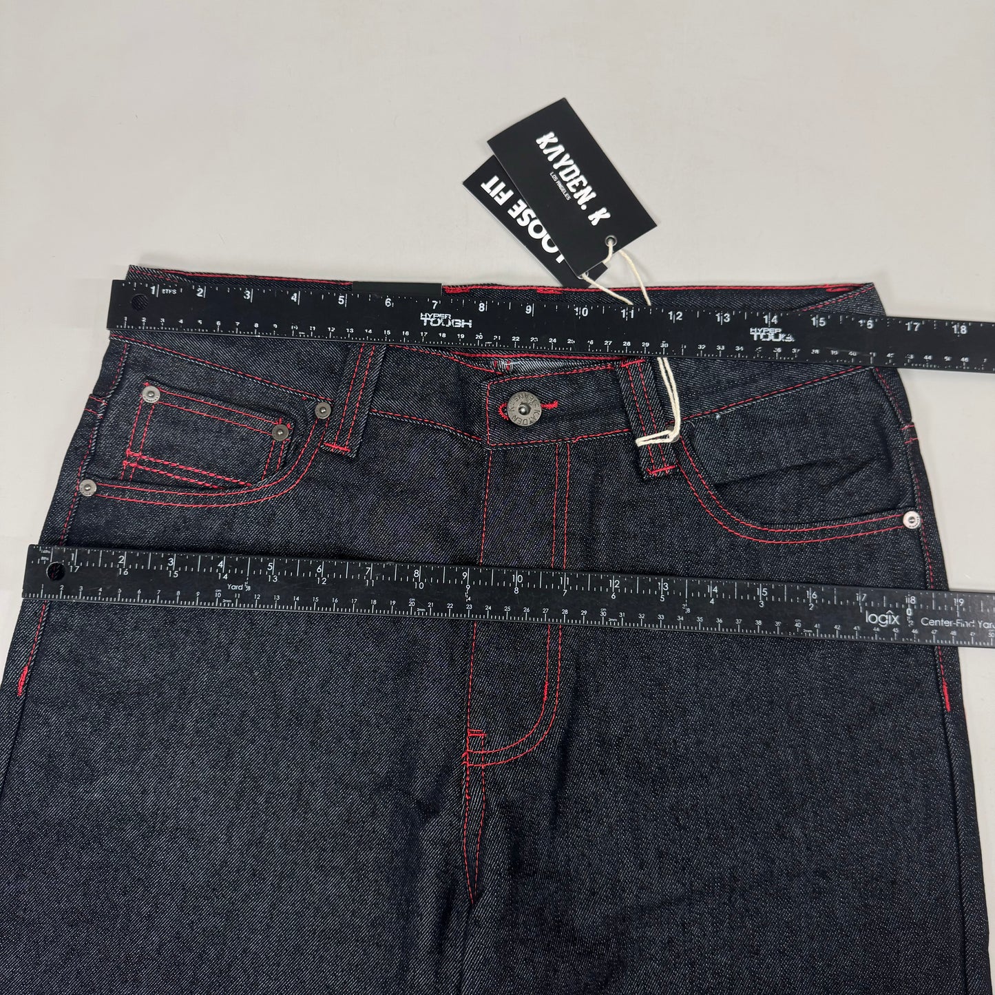 KAYDENK Raw Loose Fit Unwashed Denim Contrast Stitch Jean Men SZ 32/32 Black/Red