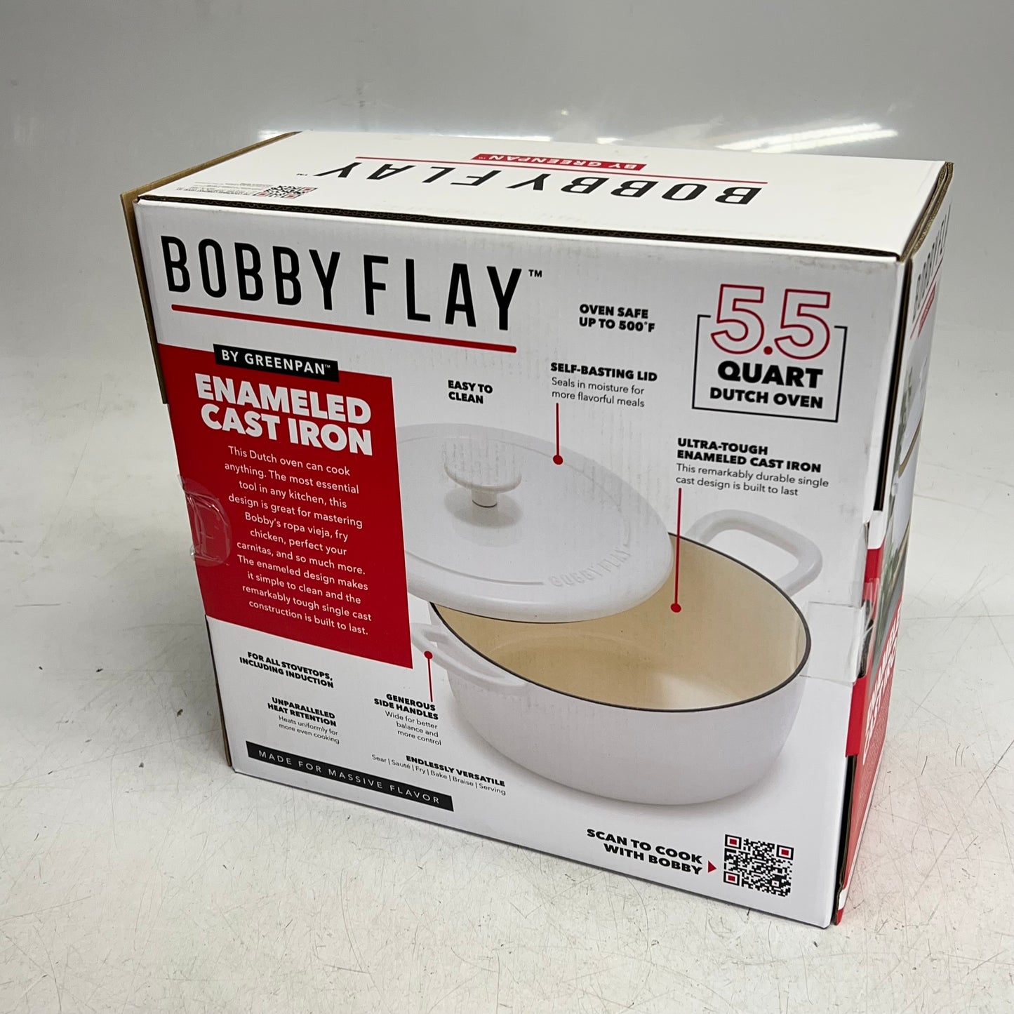 GREEN PAN  Bobby Flay Enameled Cast Iron Round Dutch Oven W/ Lid 5.5 Qt White