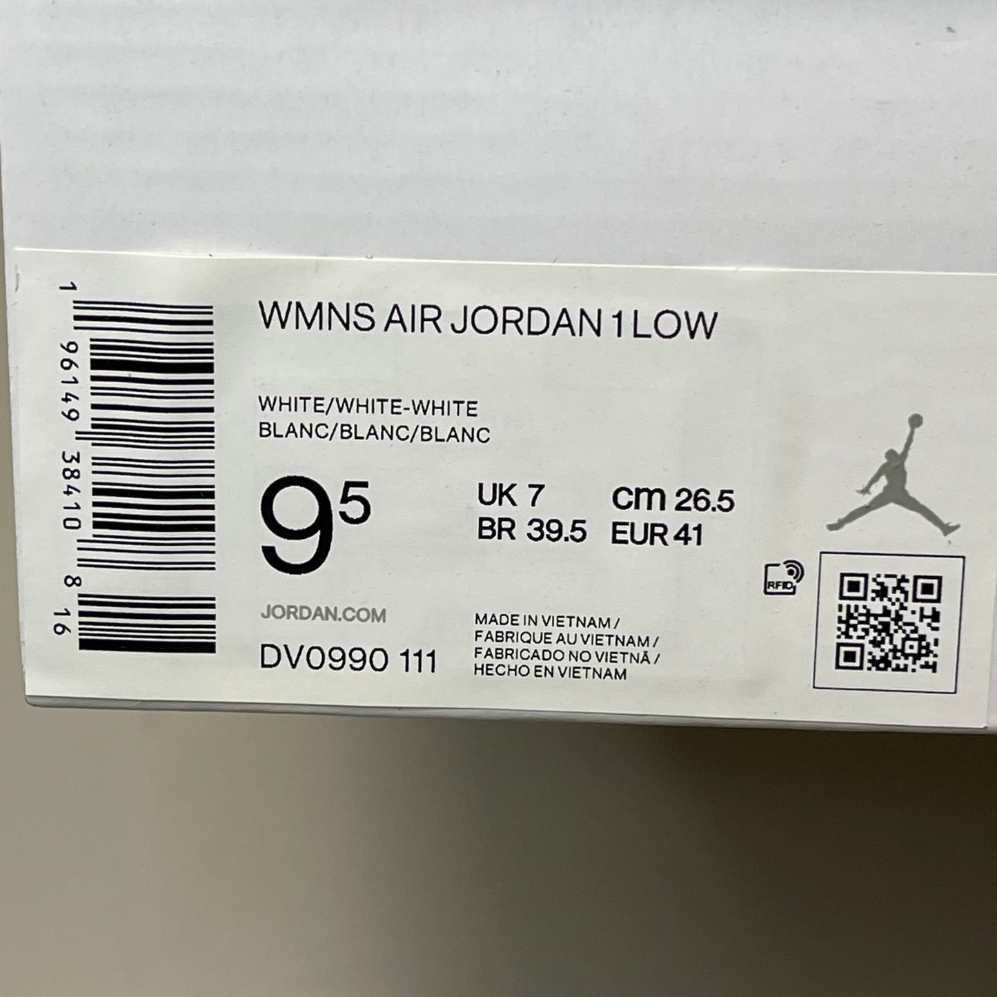 NIKE AIR JORDAN 1 Low Triple White Women's Sz 9.5 DV0990-111 (New in Box)