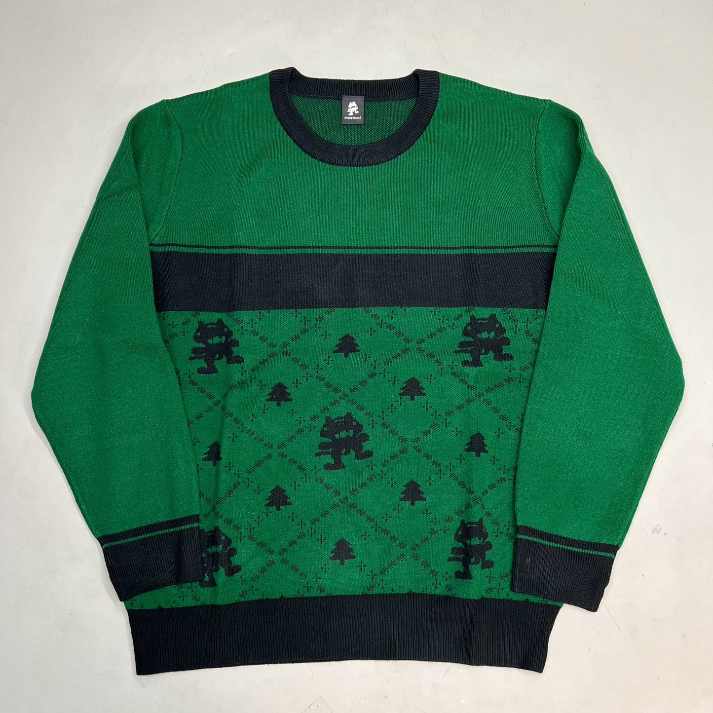 MONSTERCAT Records Soft Holiday Monogram Pullover Sweater Men's Sz S Green