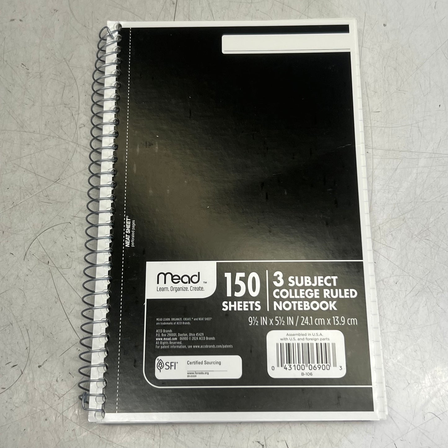 MEAD (4 PACK) 150 Sheets 3 Subject College Ruled Notebook 9 1/2" x 5 1/2" 06900