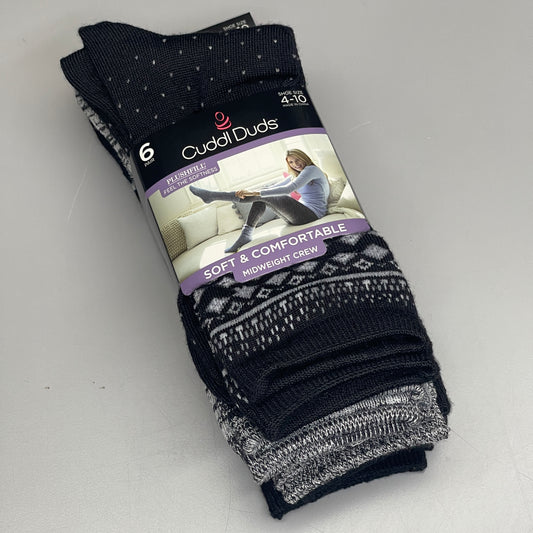 CUDDLE DUDS Super Soft Midweight Crew Socks 6 Pair Black Sz 4-10 (New)