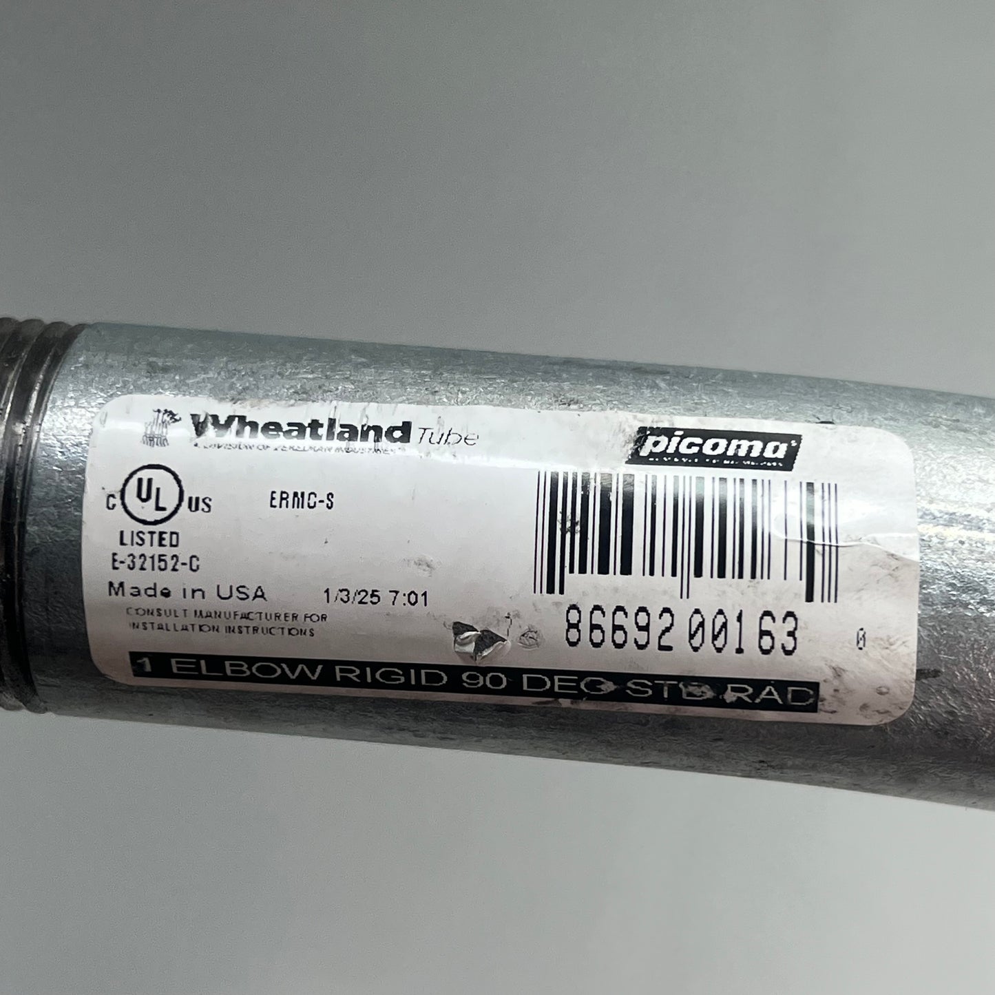 WHEATLAND TUBE PICOMA 1 Elbow Rigid 90° STD RAD Galvanized Steel 86692 00163