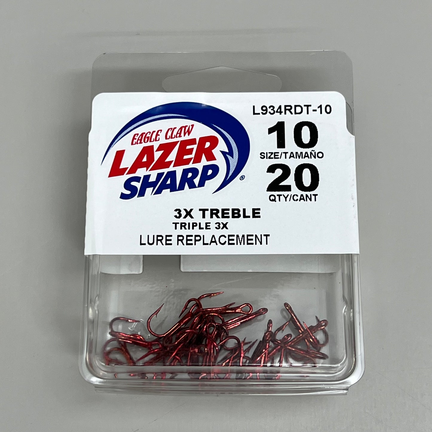 EAGLE CLAW (5 PACK) 3X Treble Regular Round Bend Hook Red #10 20pc L934RDT-10