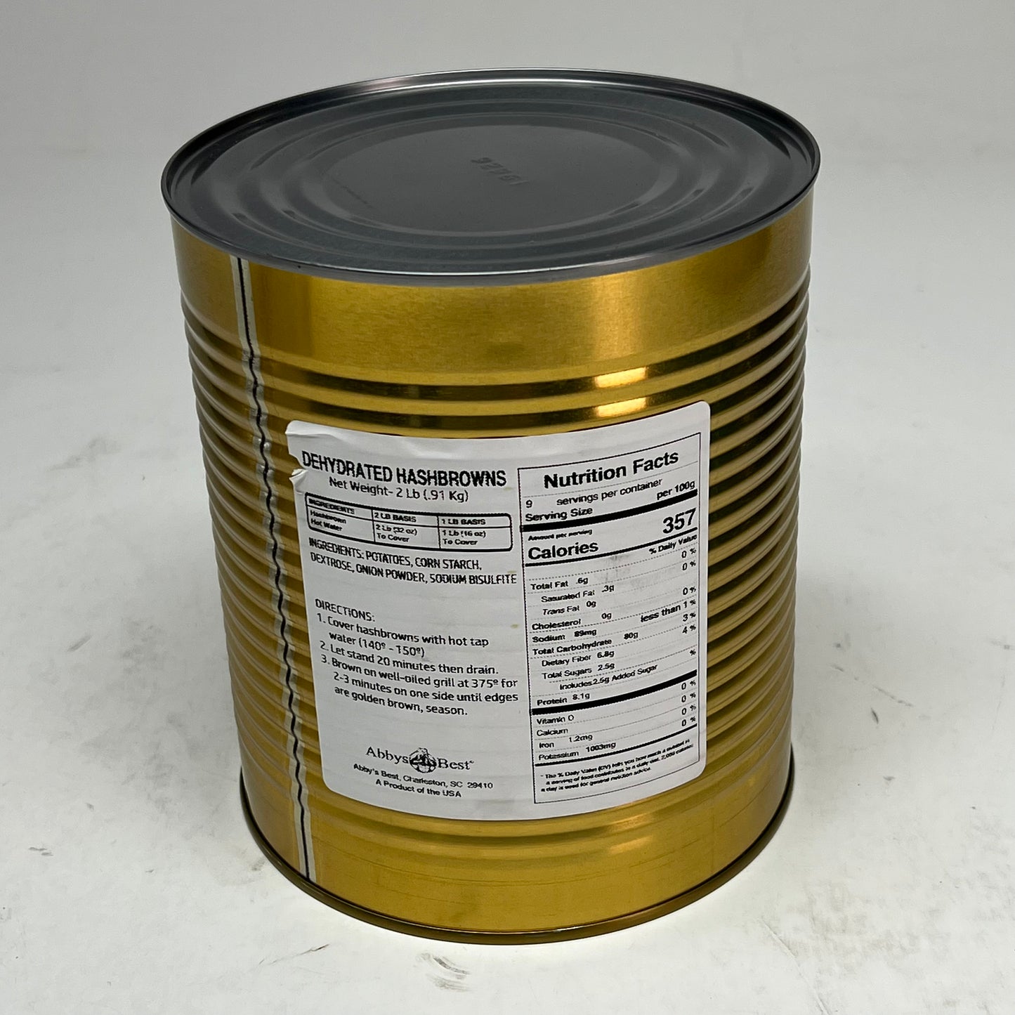 ZA@ ABBYS BEST (2 PACK) Dehydrated Hasbrowns in Can 2lb 9 Servings Each