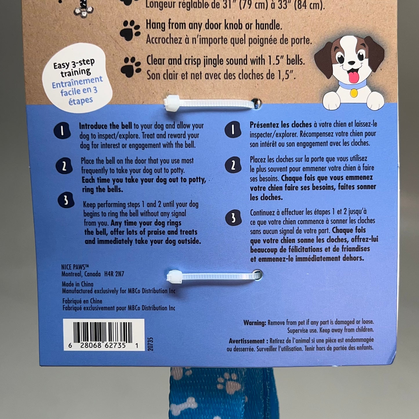 NICE PAWS (2 PACK) Potty Time Bells Easy 3-Step Training Adjustable Length 31"/33" Blue 20735