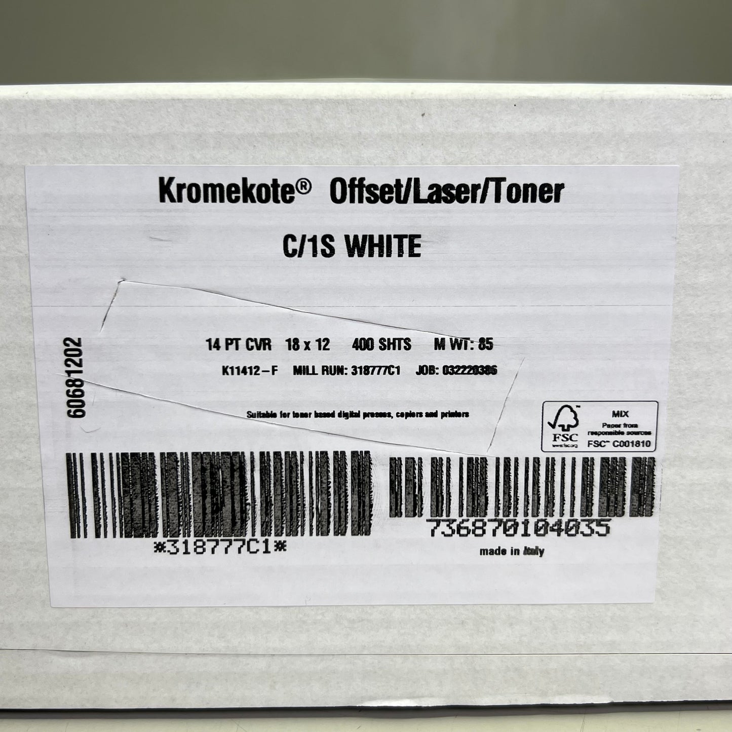 KROMEKOTE (2 PACK, 200 Each) Offset/Laser/Toner Paper C/1S 18x12” White 318777C1