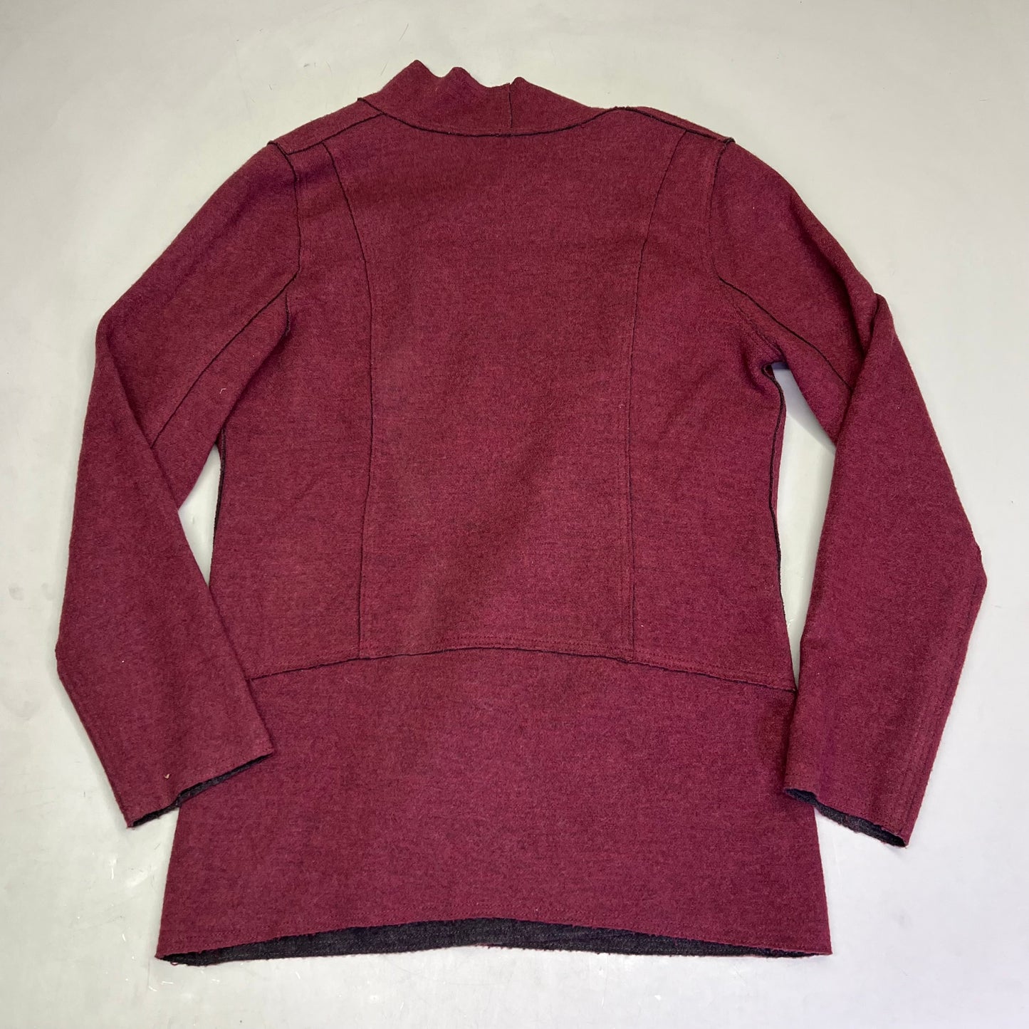 EILEEN FISHER Long Scoop Cut Bottom Cardigan 96% Merino Wool Women's Sz M Wine