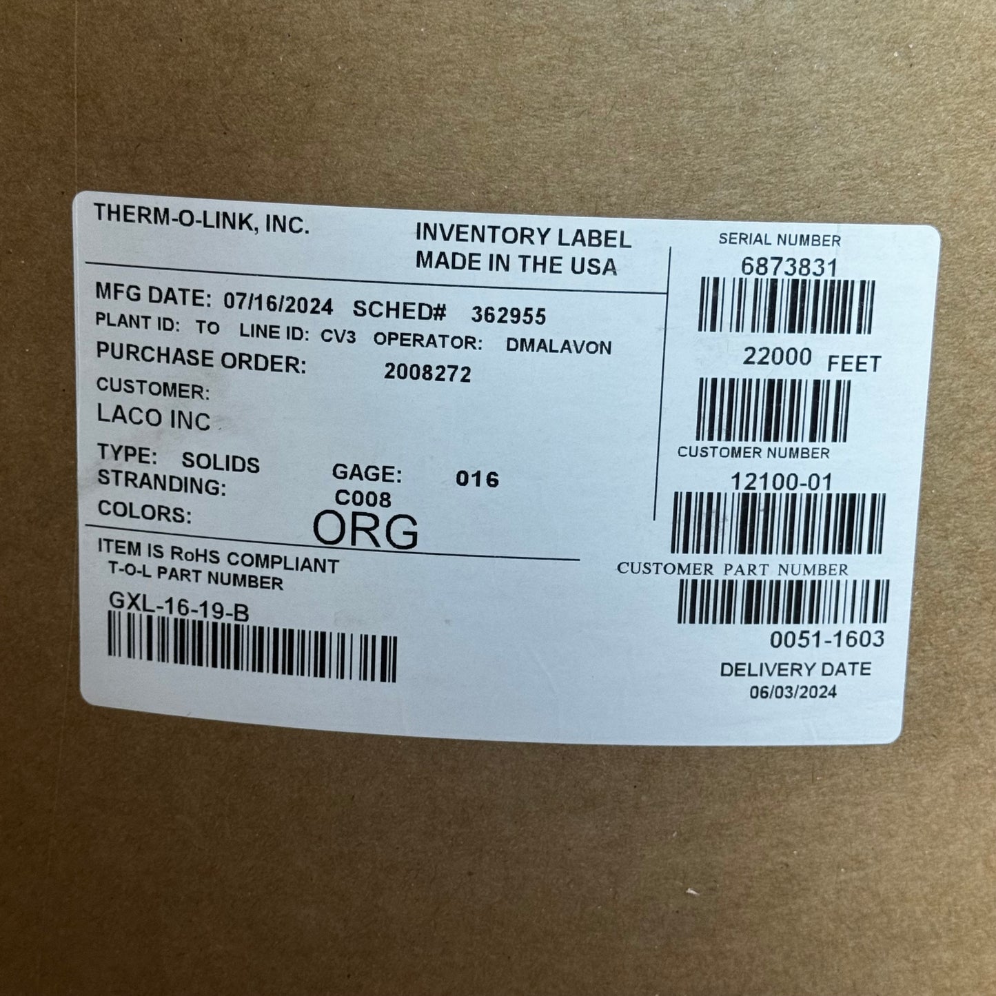 THERM O LINK Insulated Copper Wire 22000 ft Orange GXL-16-19-B