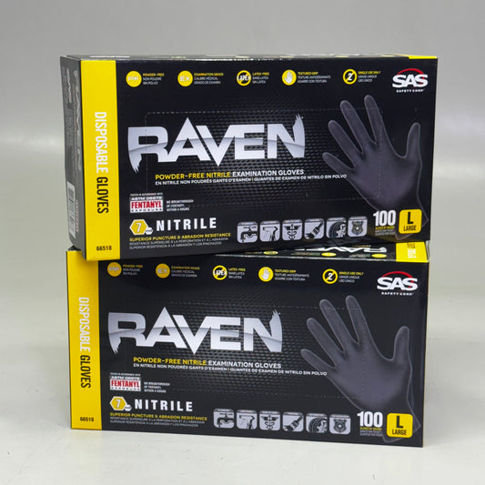 RAVEN (200 Gloves) Powder Free Nitrile Examination Gloves L Black 66518