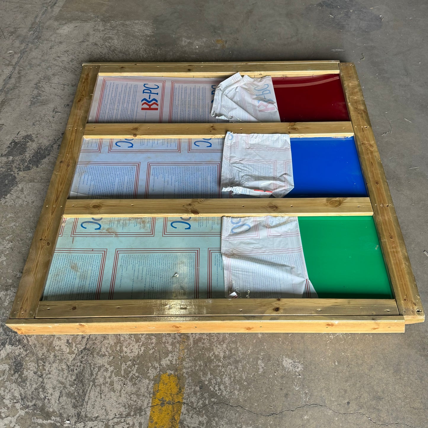 ZA@ 2 Wood Panels w/ Colorful Plexiglass Inserte Sz 65”Lx62”Wx4”H, Red, Blue & Green (AS-IS, Damage)