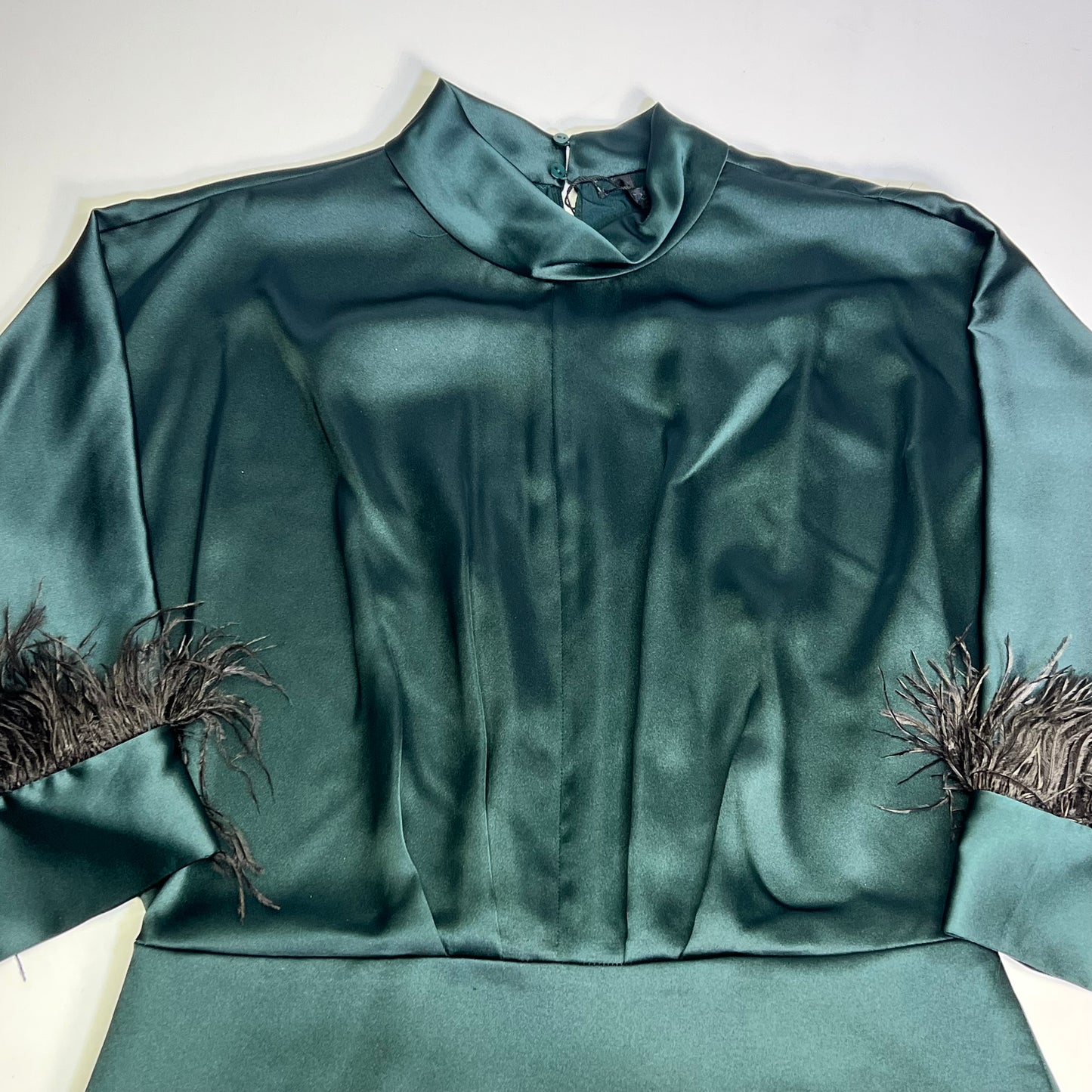 ZARA Open Back Feather Satin Effect Short Dress Women's Sz XS Dark Green/Black