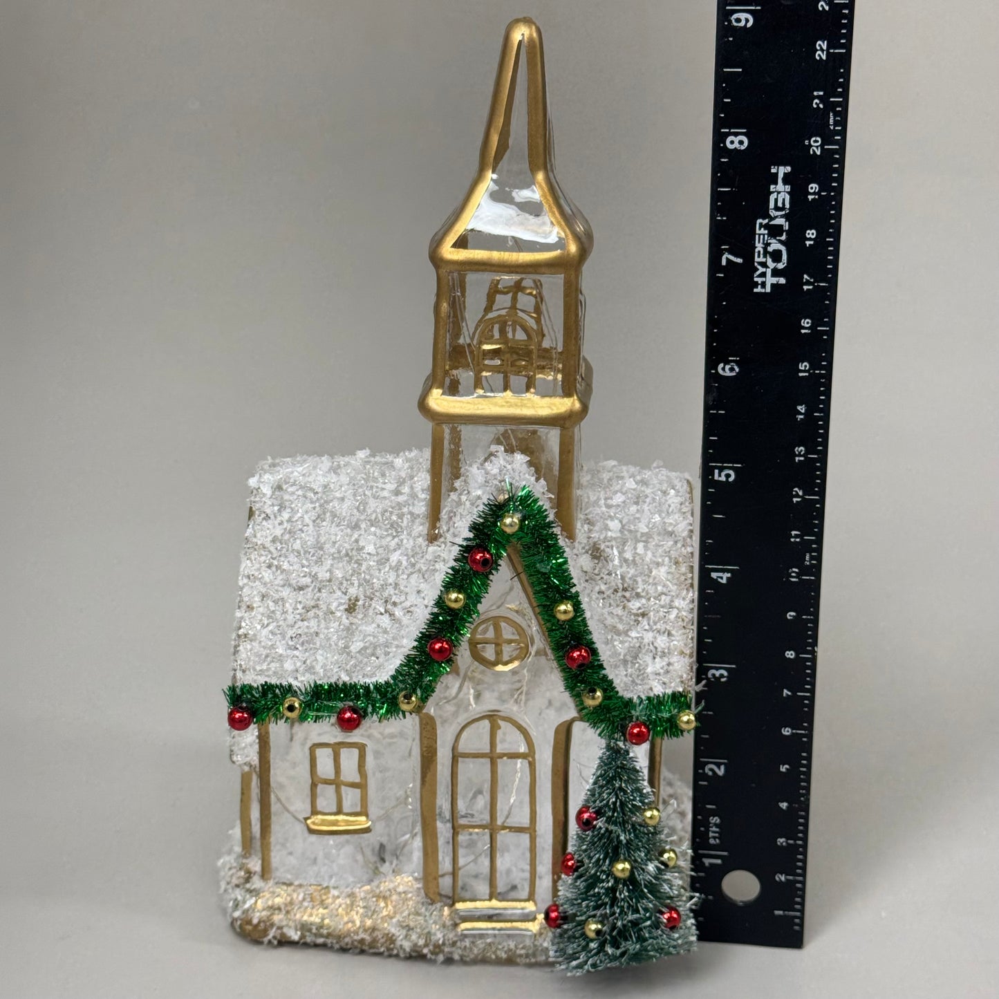 RAZ IMPORT Lighted Church w/ Snow Inside Made of Glass & Sisal 9" Gold 4424591