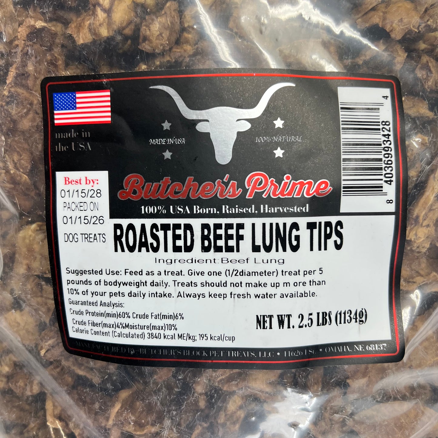 BUTCHERS PRIME High In Protein Roasted Beef Lung Tips Dog Treats 2.5lbs BB 01/26