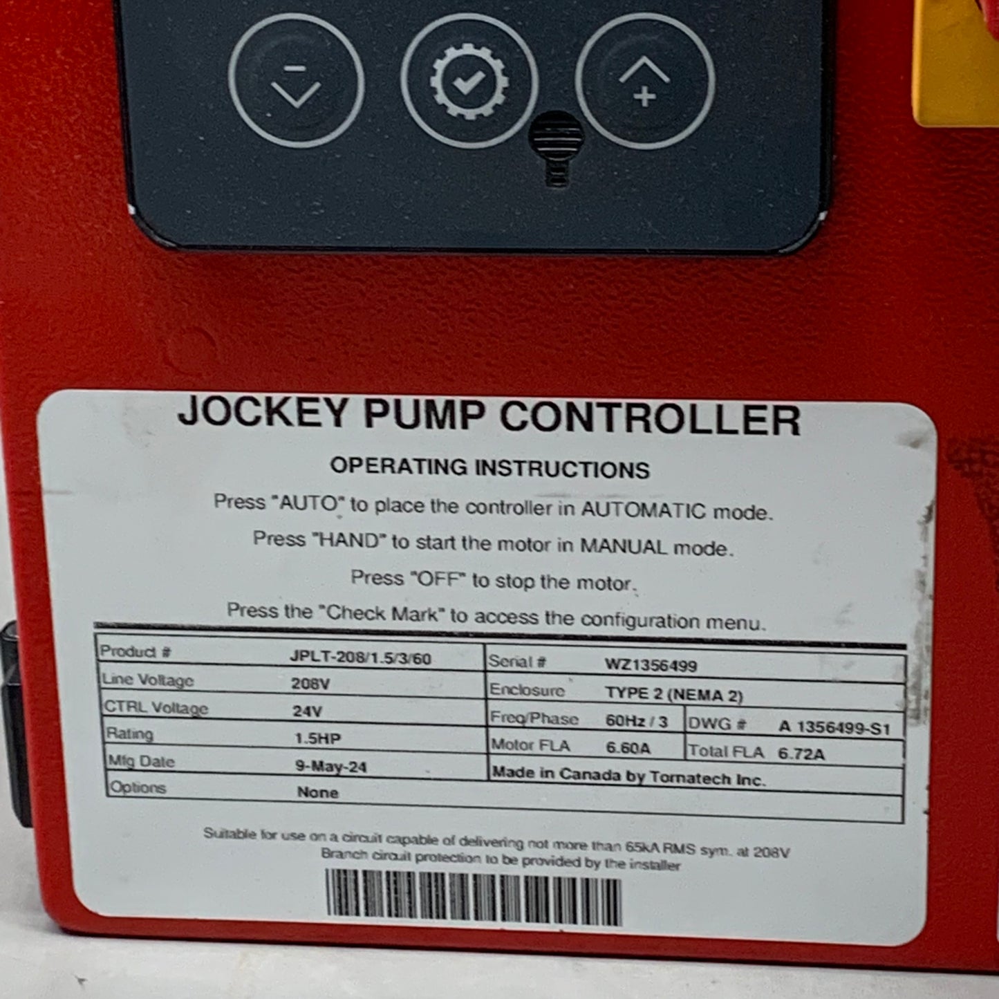 TORNATECH Jockey Pump Controller 12"x9" As-is (see images) Red JPLT-208/1.5/3/60