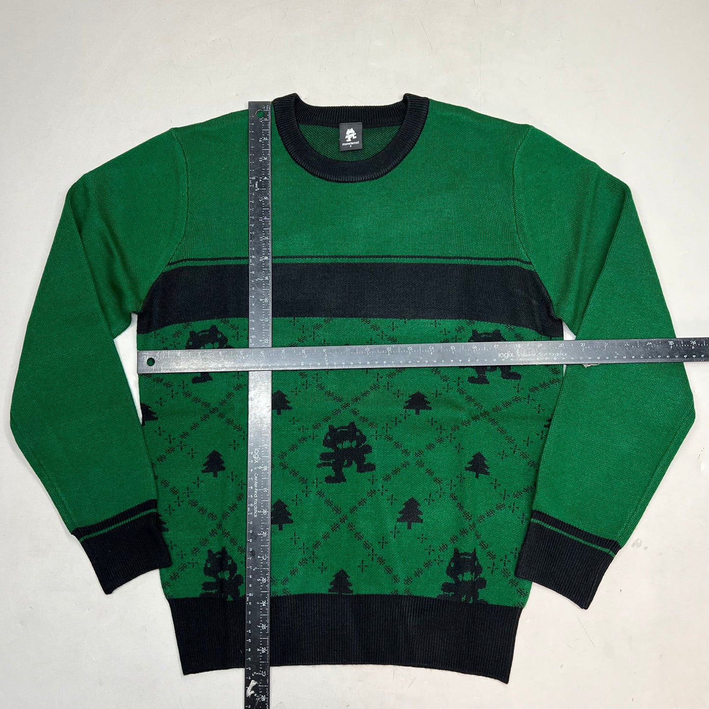 MONSTERCAT Records Soft Holiday Monogram Pullover Sweater Men's Sz S Green