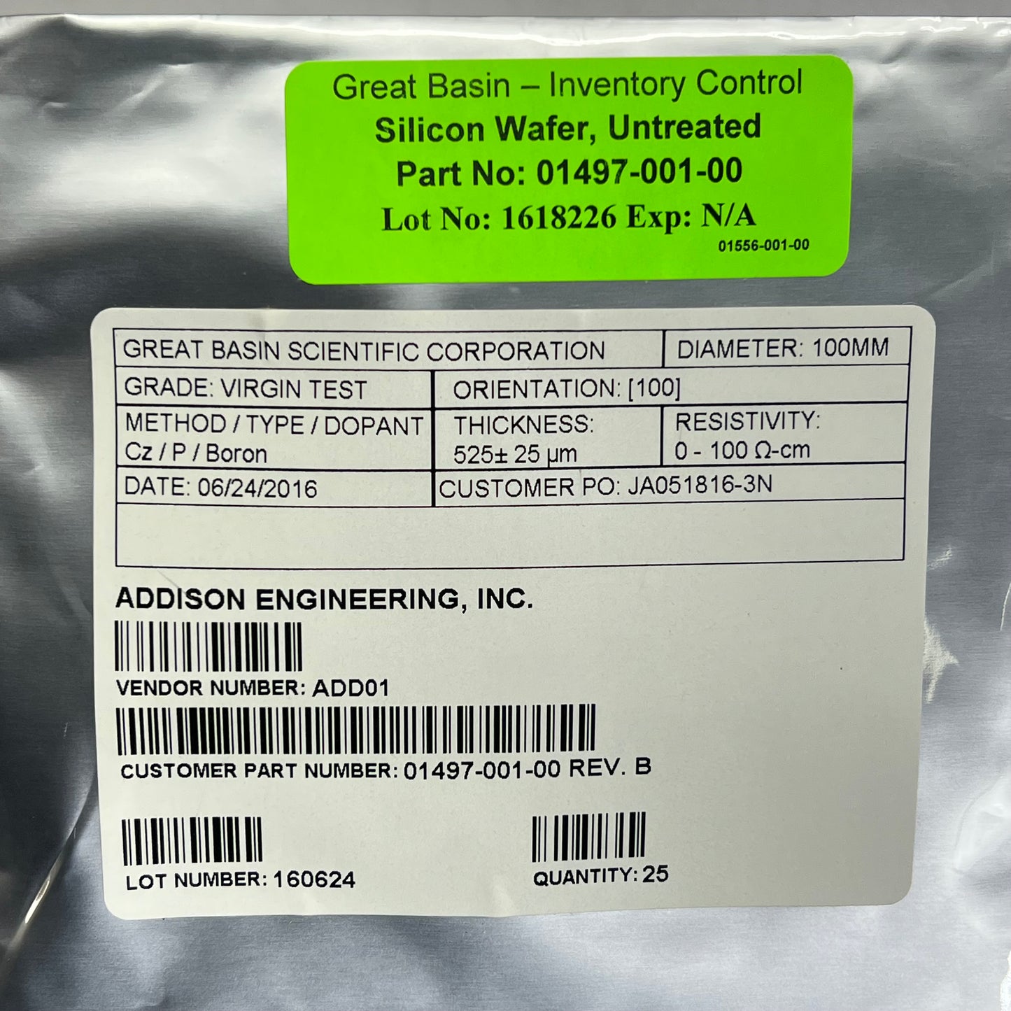 ADDISON ENGINEERING (25 PACK) Untreated Silicon Wafers For Testing 100MM ADD01