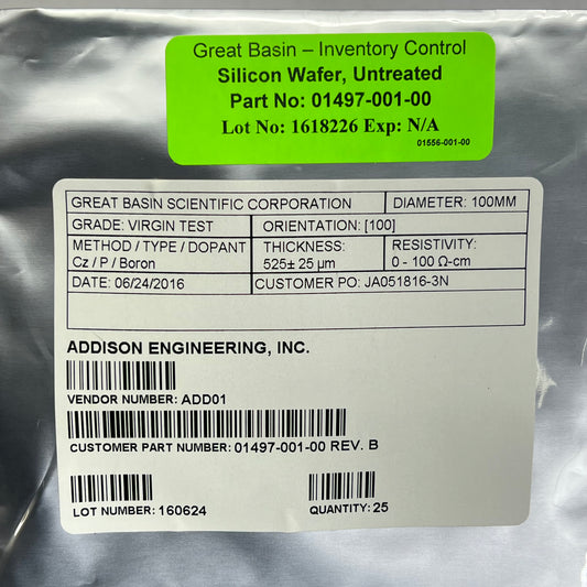 ADDISON ENGINEERING (25 PACK) Untreated Silicon Wafers For Testing 100MM ADD01