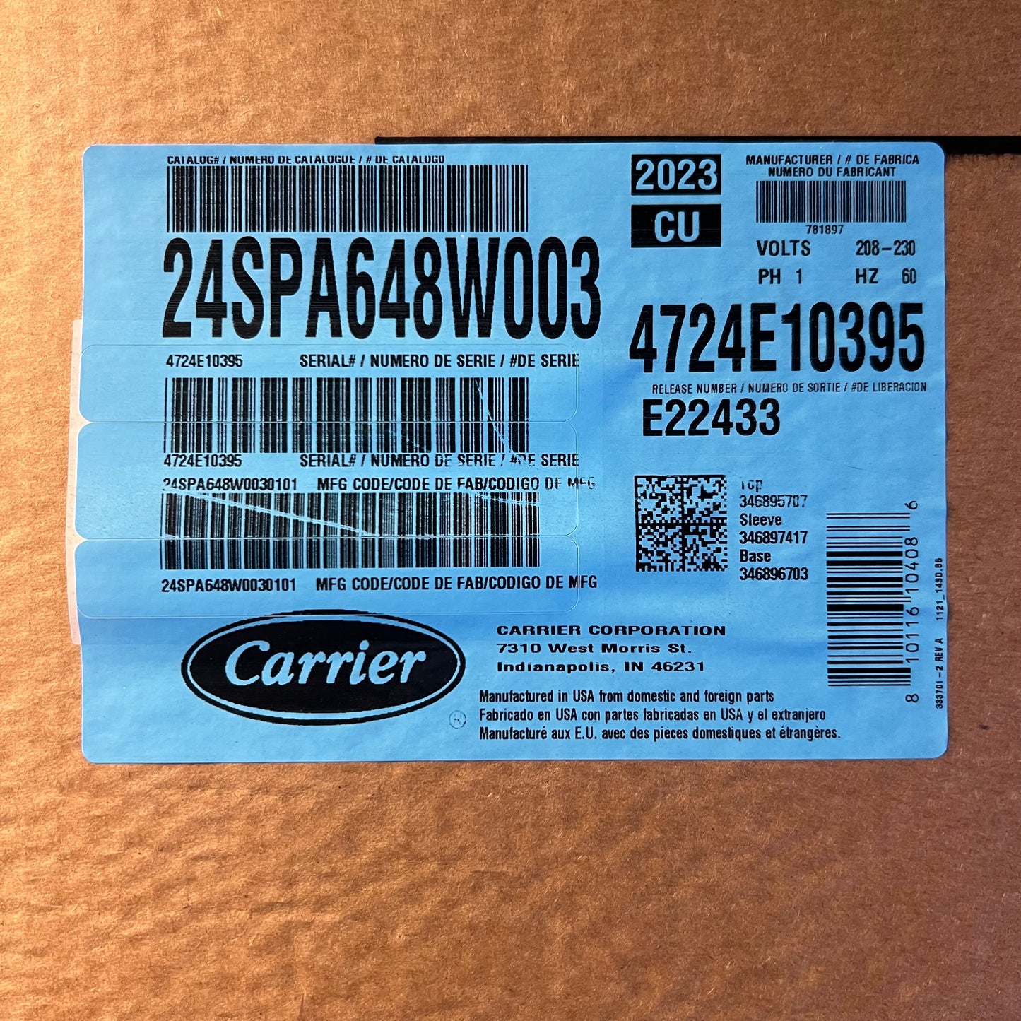 ZA@ CARRIER Air Conditioner Condensing Unit 208/230V 24SPA648W003 (AS-IS, Damage on One Side Only)
