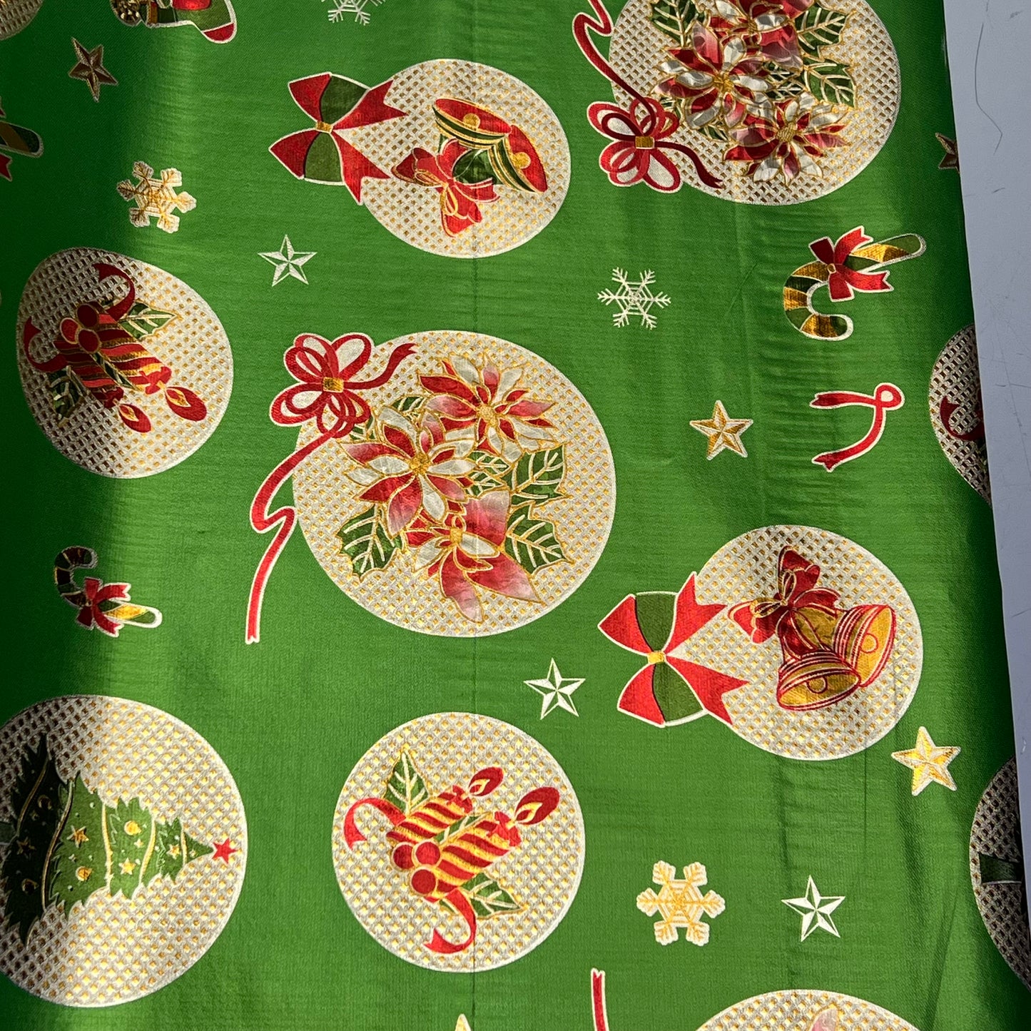 Christmas Ornaments Poinsettia & Bells Vinyl Tablecloth 54"x60' Shine Green