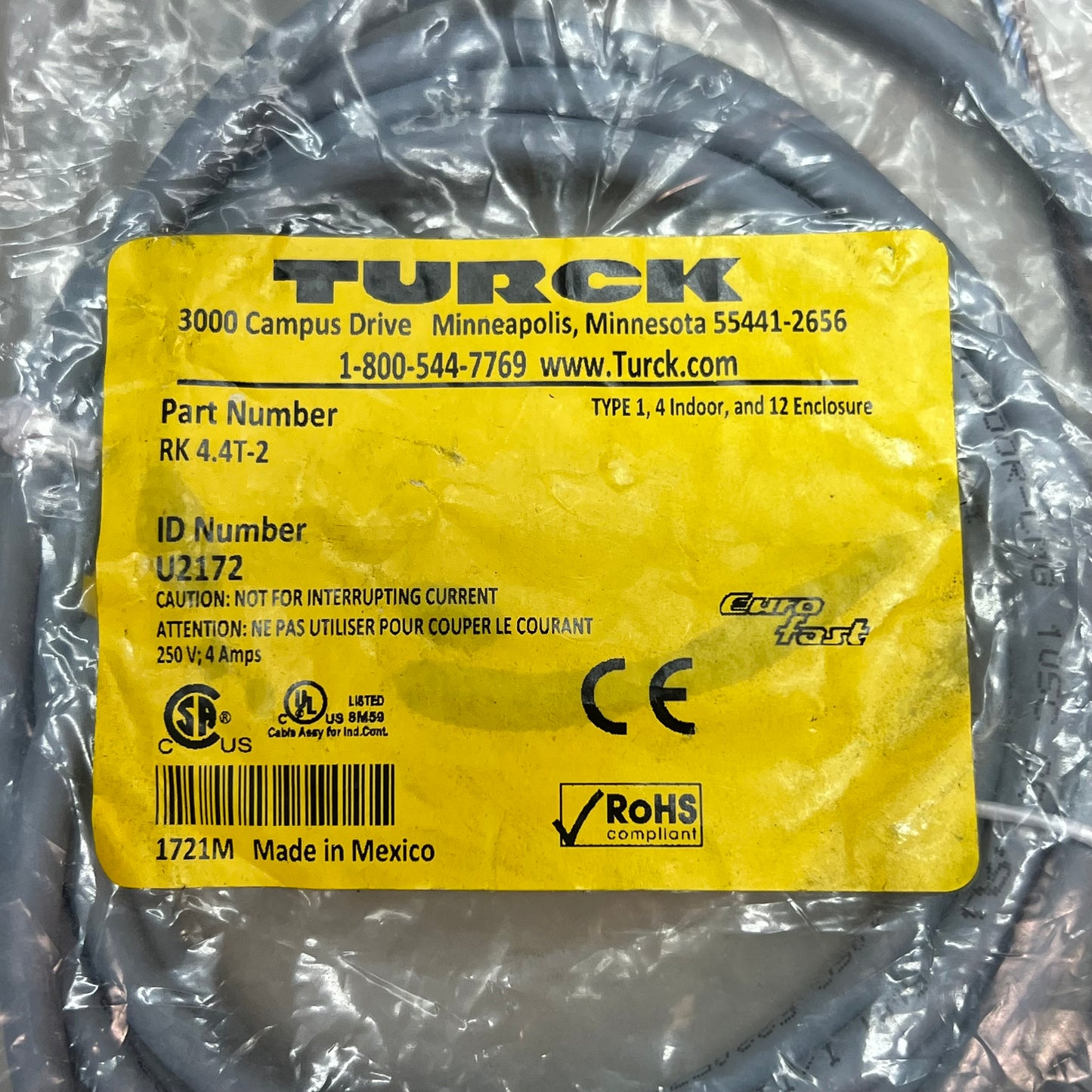 TURCK Actuator & Sensor Cable Instrumentation Tray M12, Female & 4-pin RK 4.4T-2
