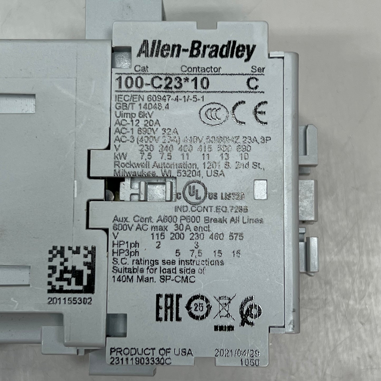 ALLEN BRADLEY IEC Contactor Non-Reversing 120/110v 60/50hz Grey 100-C23D10