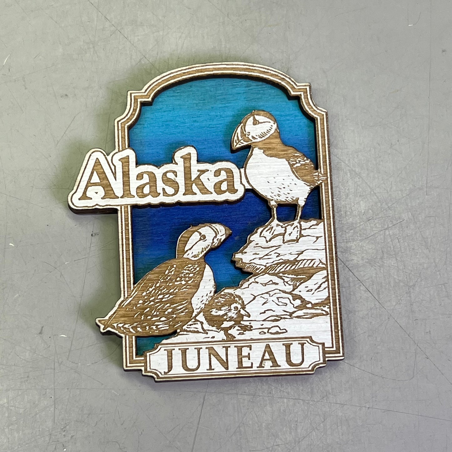 (2 PACK) Puffin Birds Laser Cut Wood Magnet Souvenir JUNEAU, AK Made In USA