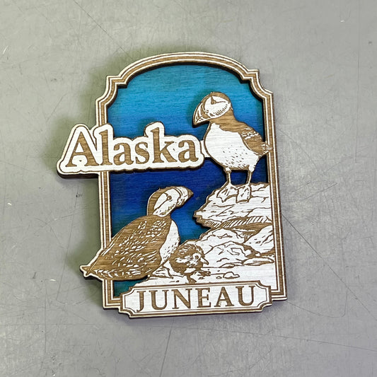 (2 PACK) Puffin Birds Laser Cut Wood Magnet Souvenir JUNEAU, AK Made In USA