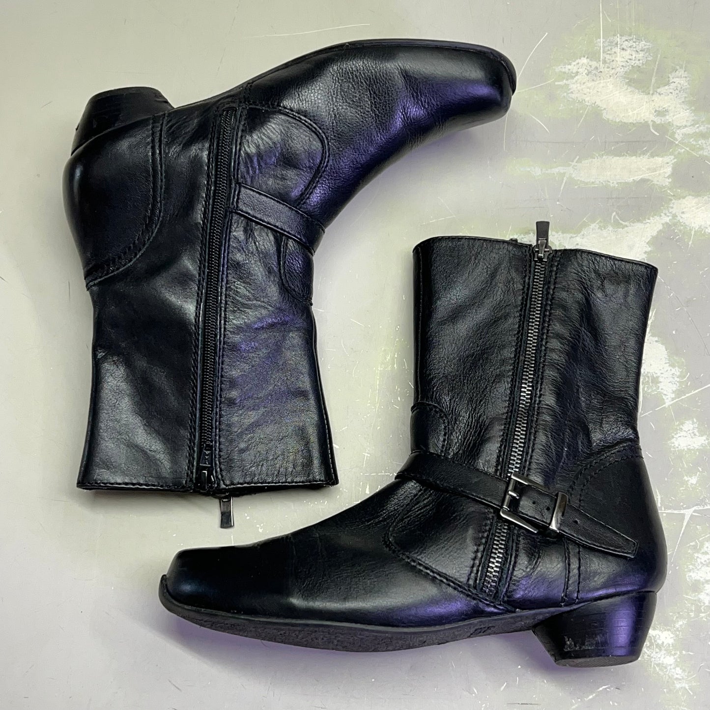 ZIERA Buckle Half Calf Zipper Boot Real Leather Women's Sz 9.5 Black (Pre-Owned)