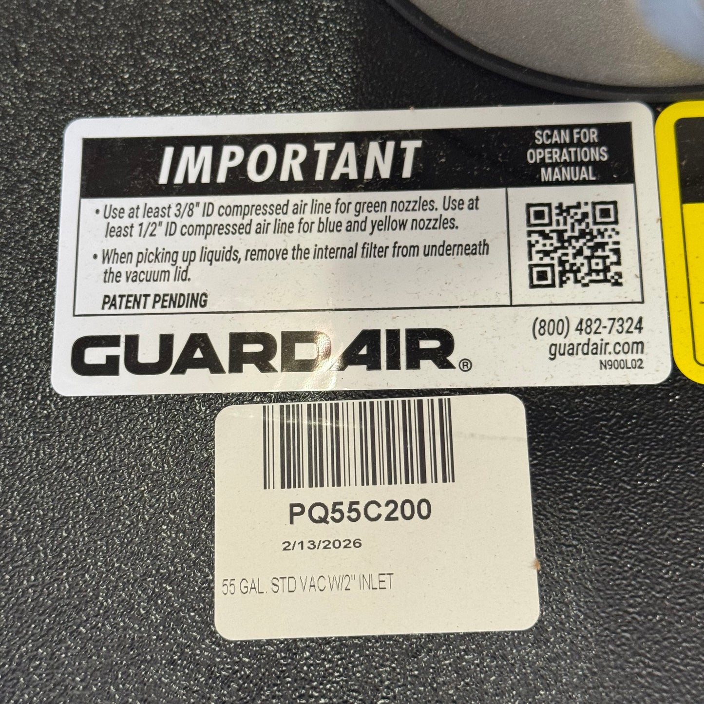 ZA@ GUARDAIR 55 Gal. Standard Vacuum W/2" Inlet PQ55C200 (New)