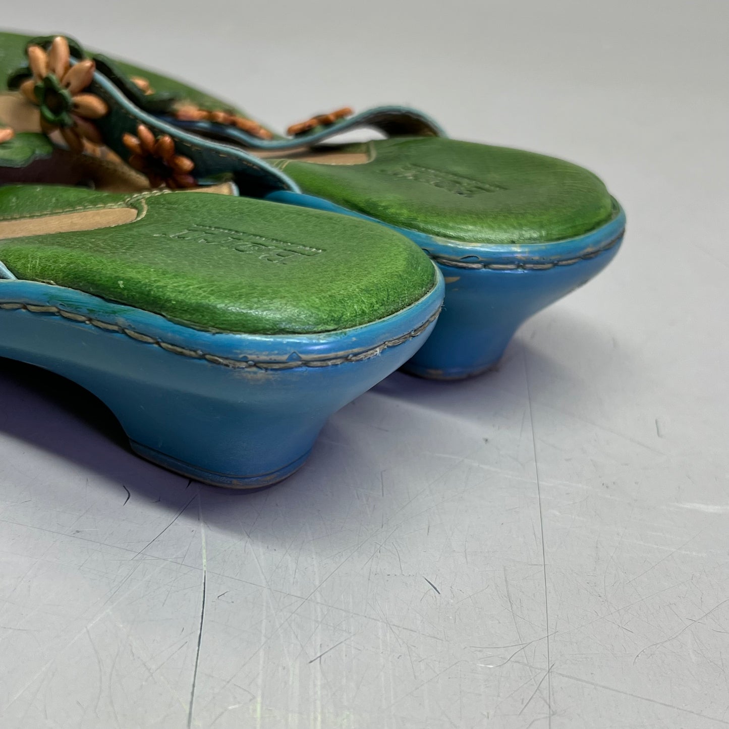 BORN Leather Beaded Flower Sandal W/ Heel Women's Sz 12 Green/Blue (Used)