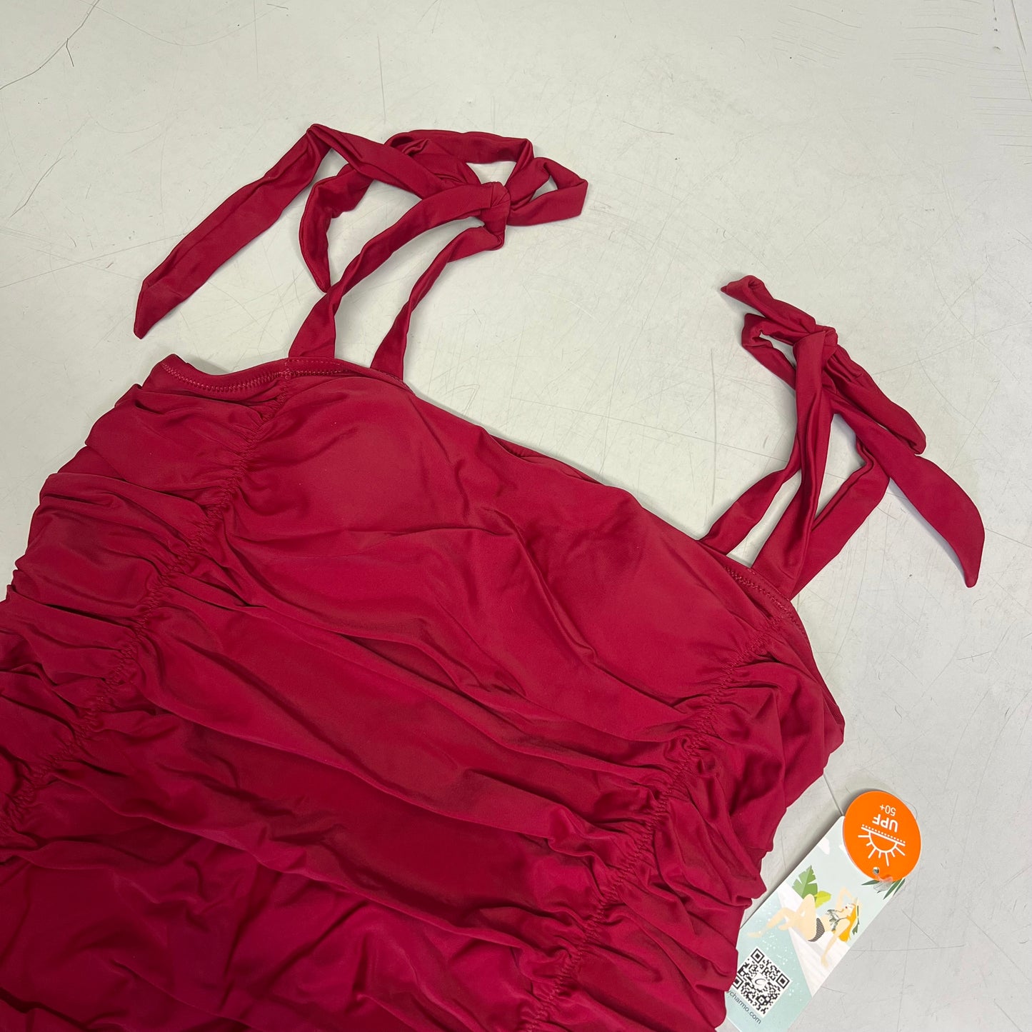CHARMO Tie Shoulder Strap One Piece Scrunched Torso Swimsuit Women's Sz L Red