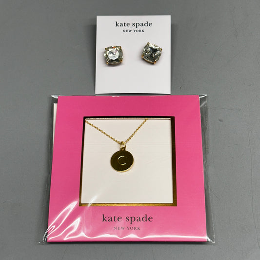 KATE SPADE New York Jewelry Set | Clear Stud Earrings & Gold Initial “C” Necklace