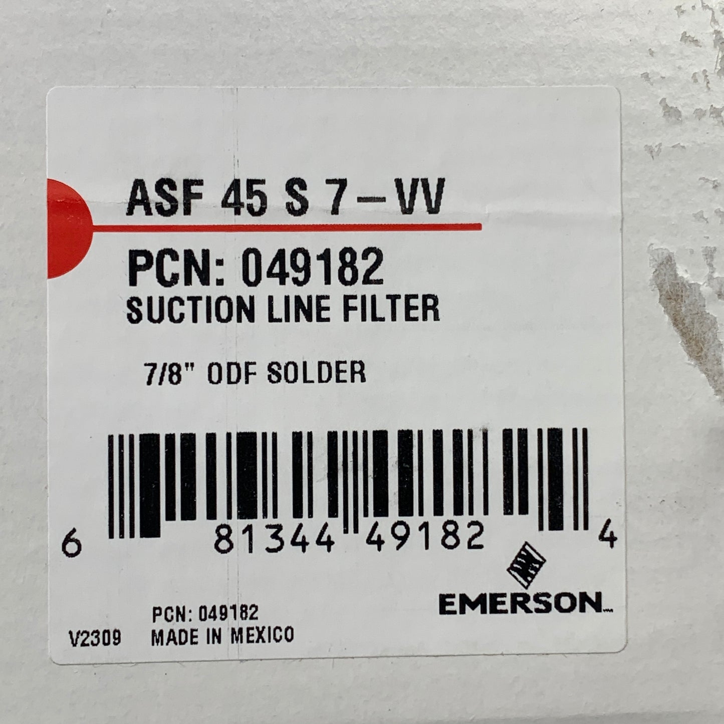 EMERSON Refrigerant Suction Line Filter Drier 7/8" ODF Solder 049182