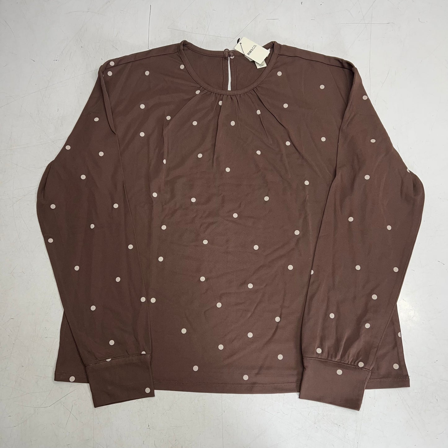 RW & CO Long-sleeve Top Shirred Crew Neckline Women's Sz M Brown/Pearl Ivory